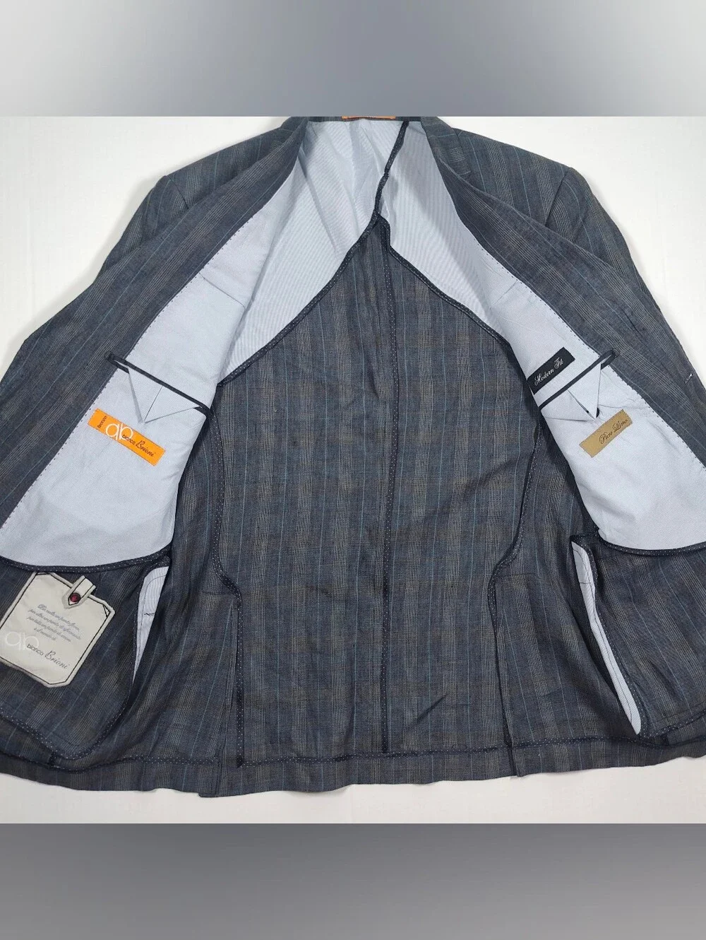 Bianco Brioni Mens Blue Grey 100% Linen Plaid Blazer Size 40R Made In Italy